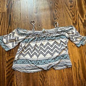 Charlotte Russe white and blue patterned off the shoulder blouse